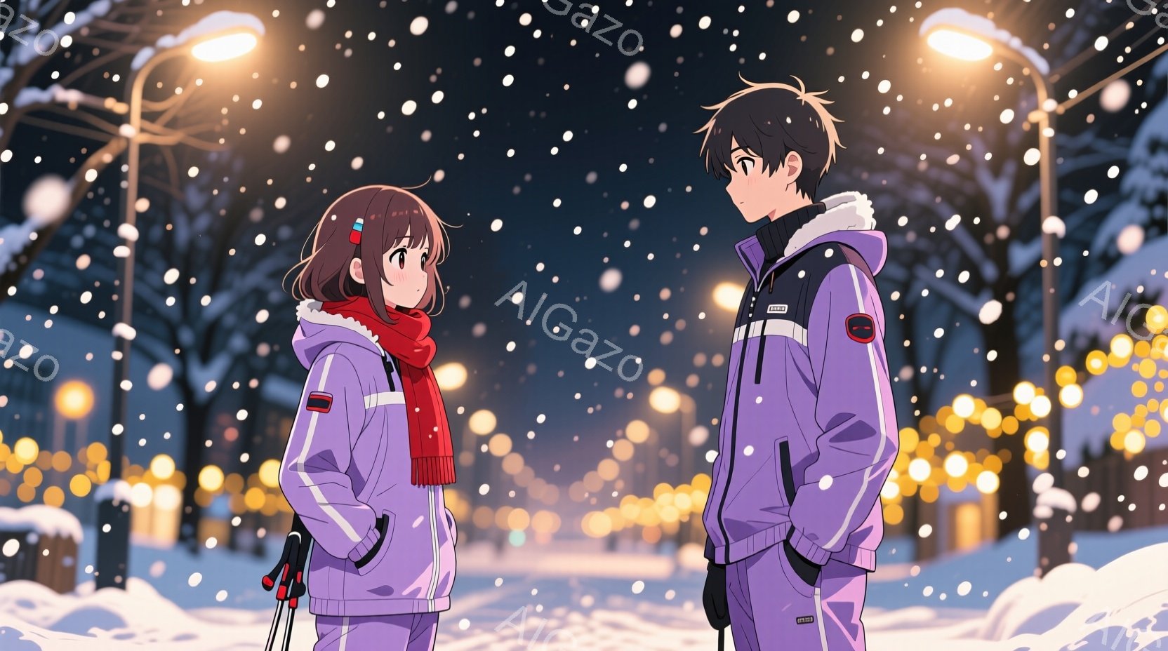 雪が降る夜の公園で、若い男女が並んで立っている。女性は茶色の短い髪で、ピンク色のスキーウェアとマフラーを着用し、男性は黒髪で、同様のスキーウェアを着ている。背景にはぼやけた街灯と雪に覆われた木々が見え、全体的に穏やかでロマンチックな雰囲気を醸し出している。