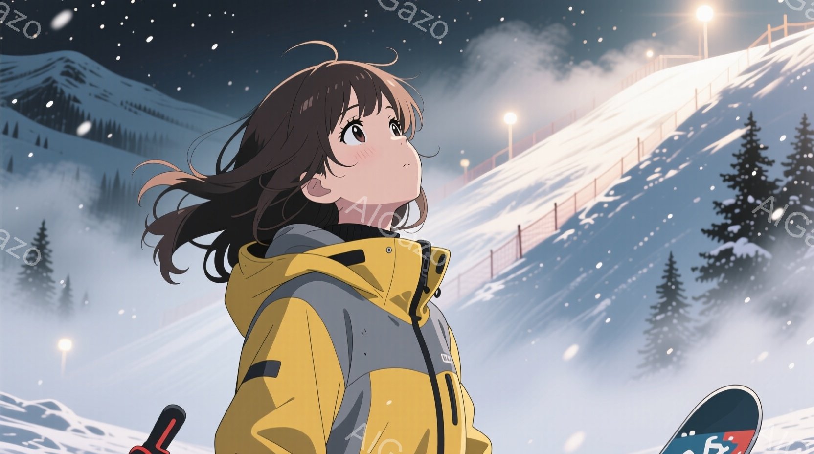 黄色とグレーのスキーウェアを着た若い女性が描かれています。彼女は少し上を見上げ、風になびく茶色の髪を持ち、顔には穏やかな微笑みが浮かんでいます。背景には雪景色が広がり、スキーコースと針葉樹林、そして遠 - AI生成フリー素材