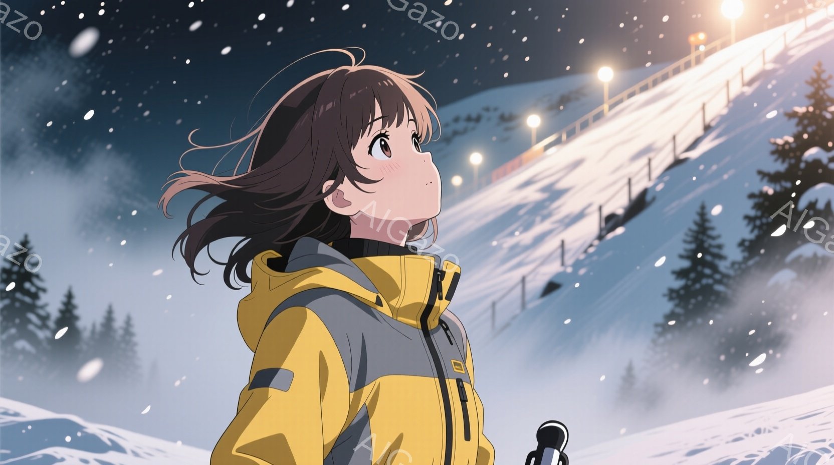 雪が舞うスキー場で、茶髪の女性が黄色と黒のウィンタージャケットを着て、少し上を見ている。彼女の髪は風になびき、表情は穏やかで、まるで何かを期待しているかのようだ。背景には雪に覆われた山々と夜間に輝くスキー場の照明がぼんやりと見える。