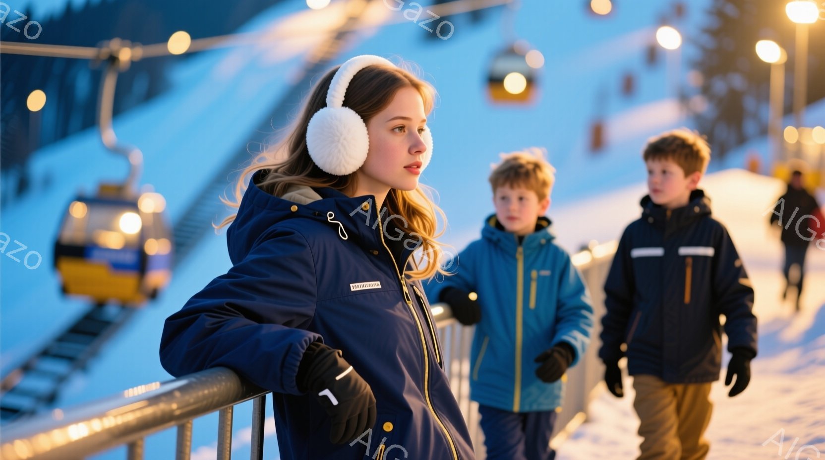 スキーリゾートで若い女性と少年たちが写っています。女性は、パーカー付きの濃い青いジャケット、白い防寒帽、ヘッドホンを着用し、手すりに寄りかかって少し遠くを見つめています。背景は雪景色で、スキーリフトや他の人々が見え、全体的に穏やかで冬らしい雰囲気が漂っています。