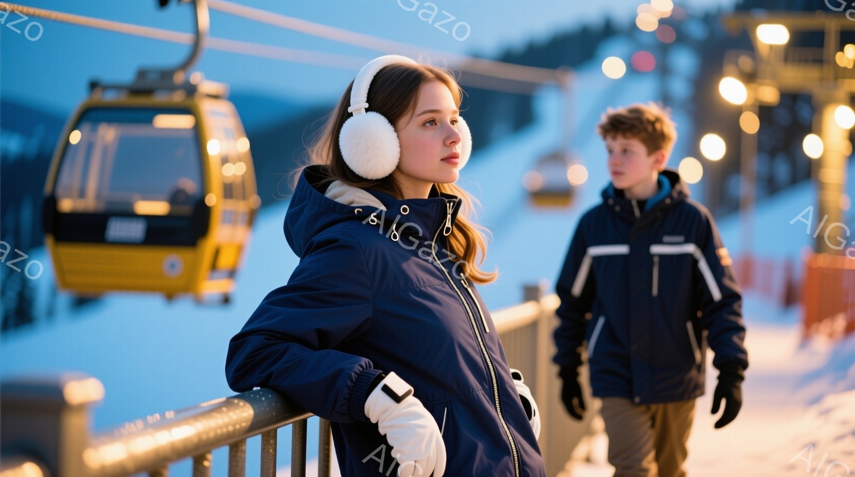 雪景色を背景に、少女と少年が写っている。少女は紺色のパーカーと白い手袋、耳当てをつけており、少し上目遣い、何か考え込んでいるような表情をしている。背景にはスキーリフトと雪山が広がり、薄明かりの中で静寂で冬の雰囲気が漂っている。