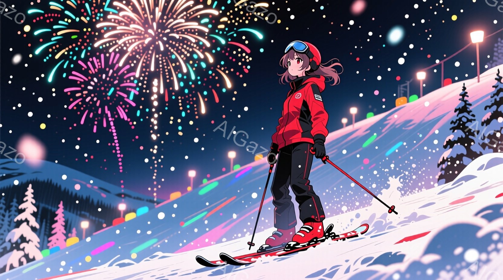 スキー場でポーズを取る若い女性が描かれています。彼女は黒髪で、ピンク色のスキーウェア、黒い手袋、ゴーグルを着用しており、少し微笑んでいるように見えます。背景には雪景色、遠くのライトアップされた建物、そして夜空に咲く花火が描かれ、華やかで冬の雰囲気を醸し出しています。