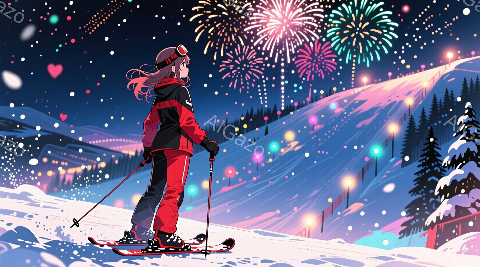 スキー板に乗り、雪山を下る女性の背中姿を描いています。彼女は赤いスキーウェアに黒いヘルメットを着用し、長いピンク色の髪を後ろで結んでいます。背景には、夜空に咲く花火、雪に覆われた山々、そして光る街灯が広がり、幻想的で華やかな雰囲気を醸し出しています。