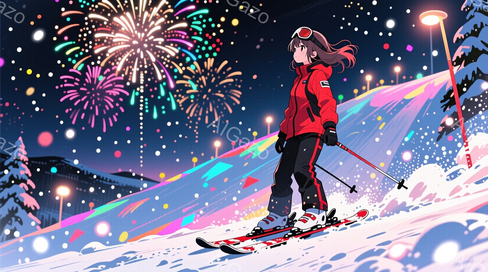 スキーヤーの女性は、ピンク色のスキーウェア、黒いズボン、そして鮮やかな色のスキーブーツを身に着けています。彼女は斜面を滑り降り、少し前方を見据え、リラックスした姿勢でいます。背景には雪が降り積もり、遠くにはライトアップされたスキー場と夜空に咲く花火が見え、冬の華やかで活気のある雰囲気が漂っています。