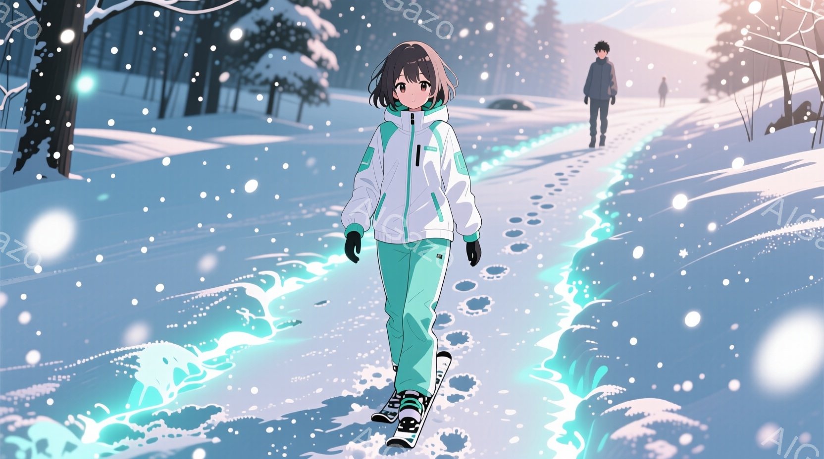 雪の降るスキー場で、若い女性がスキー板を履いて前方を向いて歩いている。彼女は明るい緑色のズボンと白いジャケットを着ており、茶色のボブヘアに少し微笑んだ表情をしている。背景には雪に覆われた木々が立ち並び - AI生成フリー素材