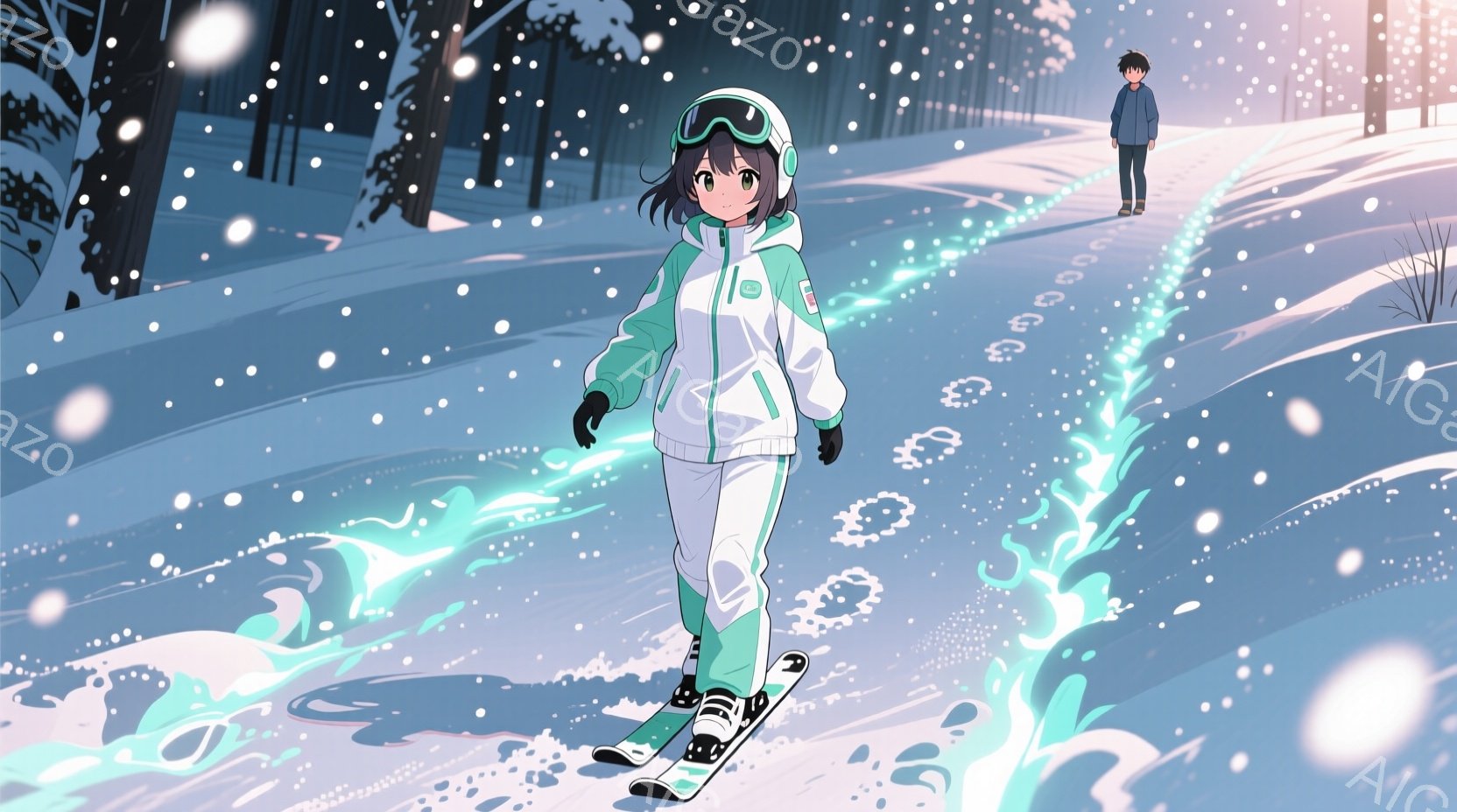 雪山をスキーで滑走する女性が描かれています。彼女は緑と白のスキーウェア、黒のグローブとブーツを着用し、ヘルメットを被り、ロングヘアを後ろでまとめています。背景には雪の降る森林が広がり、彼女の滑走跡には青白い光が漂う幻想的な光景が広がっています。