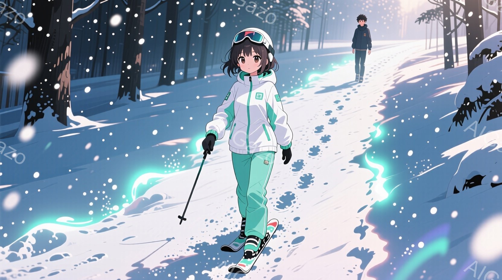 雪の中をスキーをする若い女性が描かれています。彼女は緑色のスキーウェアと白のジャケット、黒いヘアバンドの下から覗く茶色の髪で、リフトを歩いています。背景には雪景色と木々が広がり、遠くには別のスキーヤーが立っており、穏やかで冬の雰囲気が漂っています。