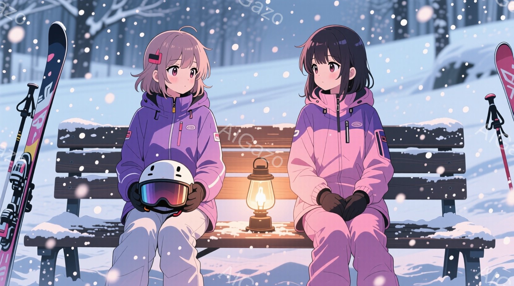 雪が降る冬の風景の中に、ピンク色のスキーウェアを着た二人の少女がベンチに座っています。少女たちはそれぞれ異なる髪型をしており、片方は明るい茶色のショートヘア、もう片方は黒いロングヘアです。ベンチの中央 - AI生成フリー素材