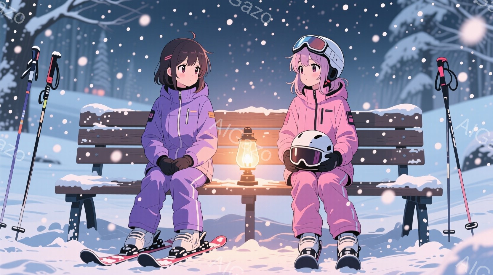 雪が降る冬の風景の中に、スキーウェアを着た二人の少女がベンチに座っています。片方の少女は茶色の髪をポニーテールにし、もう片方の少女はピンク色の髪をピンク色のヘルメットで覆っています。ベンチの中央には灯りが置かれ、背景には雪で覆われた木々とスキー板が立っています。