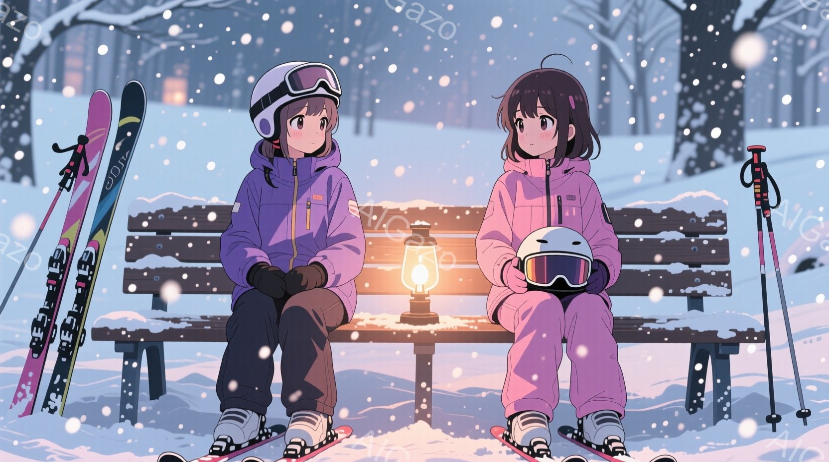 雪が降る中で、スキーウェアを着た二人の少女が公園のベンチに座っています。紫色のスキーウェアに黒いブーツ、ヘルメットを被り、片方の少女は髪をポニーテールにしています。背景には雪に覆われた木々や、点灯した - AI生成フリー素材
