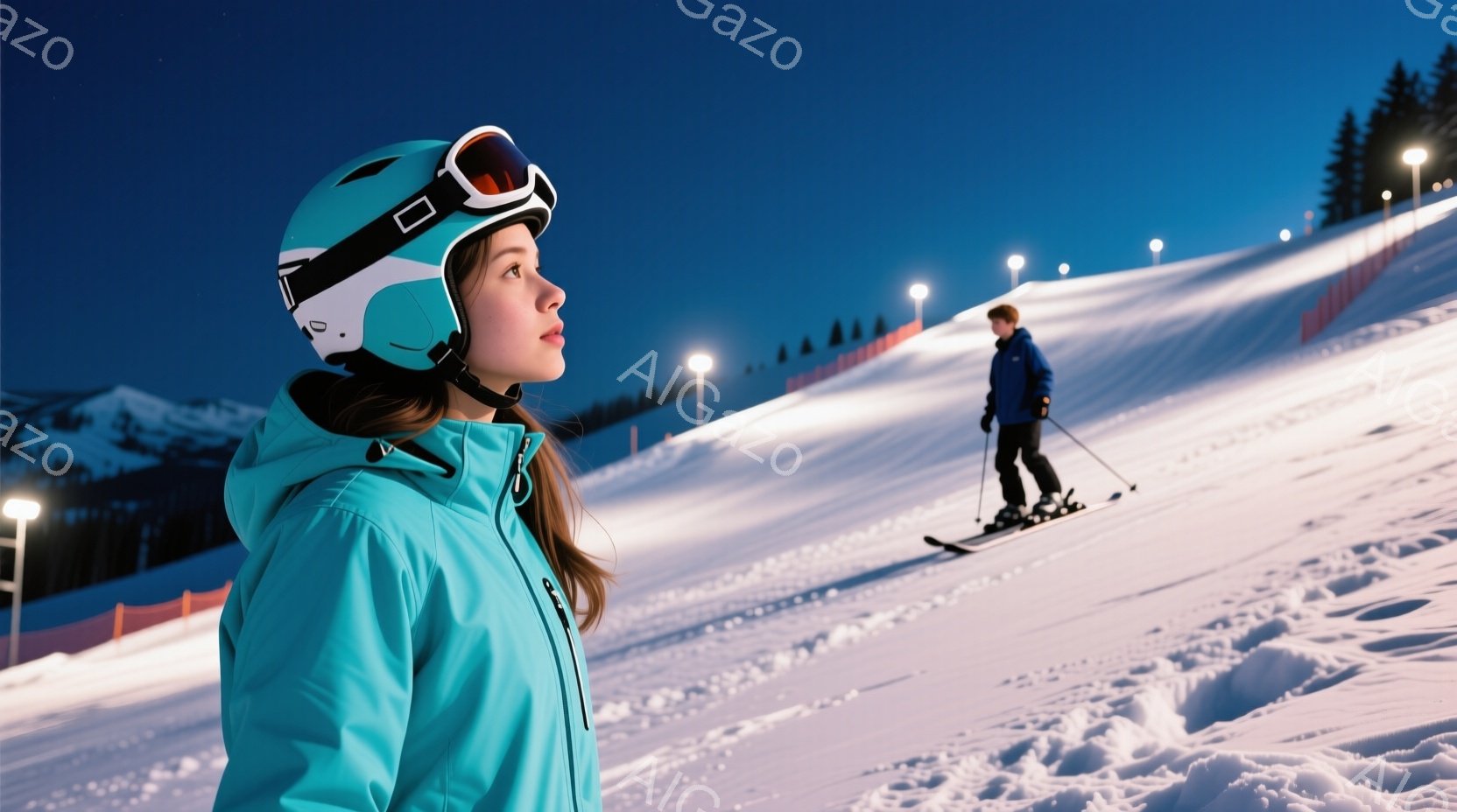 雪山を背景に、ターコイズブルーのジャケットとヘルメットを着用した女性が写っている。彼女は長い茶色の髪をヘルメットから出しており、遠くを見つめるように横顔を向けている。背景には、スキーコースと雪景色が広がり、夜間の照明が灯っている。