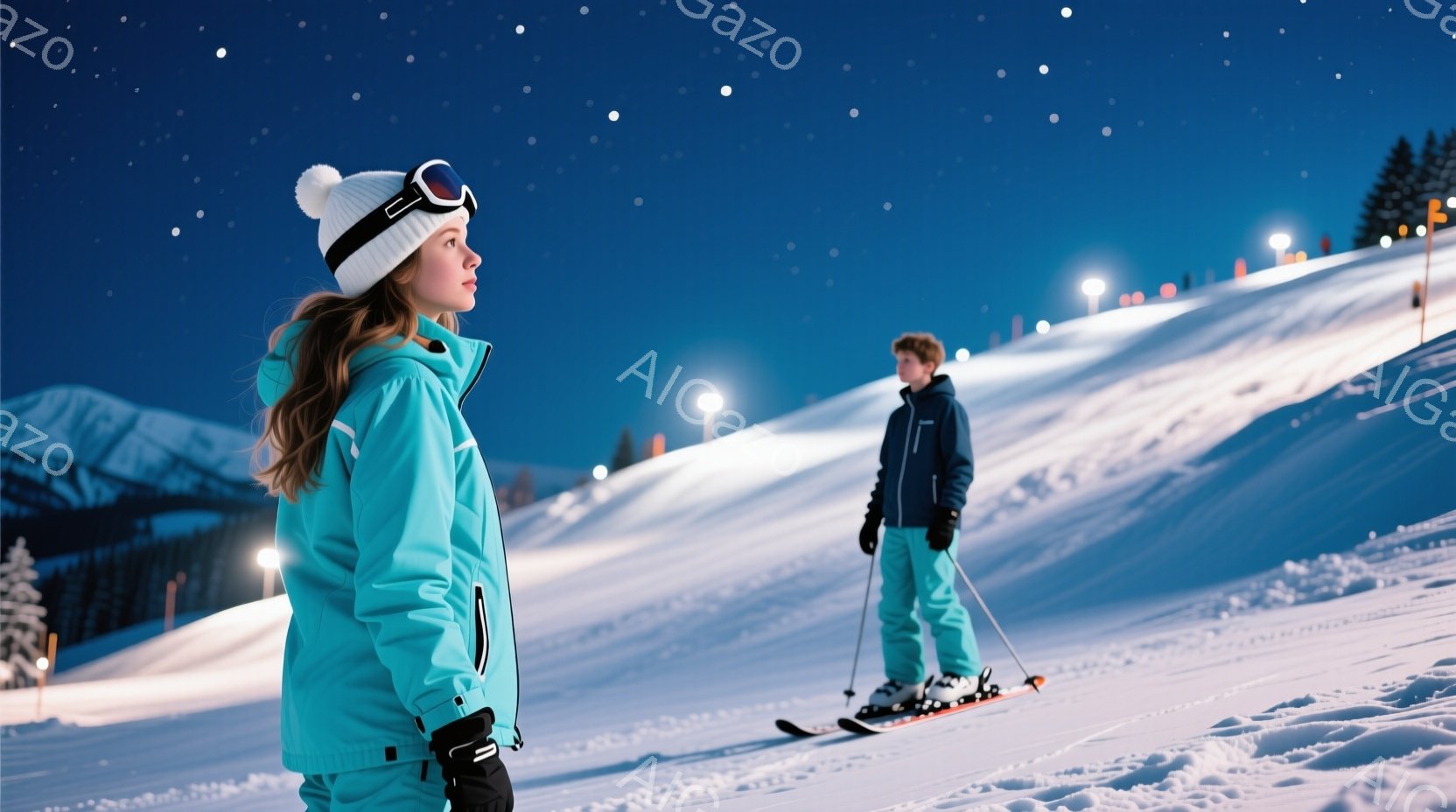 少女はターコイズブルーのスキーウェアと白いポンポン付き帽子を着用し、黒いゴーグルと手袋を付けている。彼女は少し顔を上げ、遠くを見つめている。背景には雪に覆われた斜面が広がり、夜空には星が輝いている。