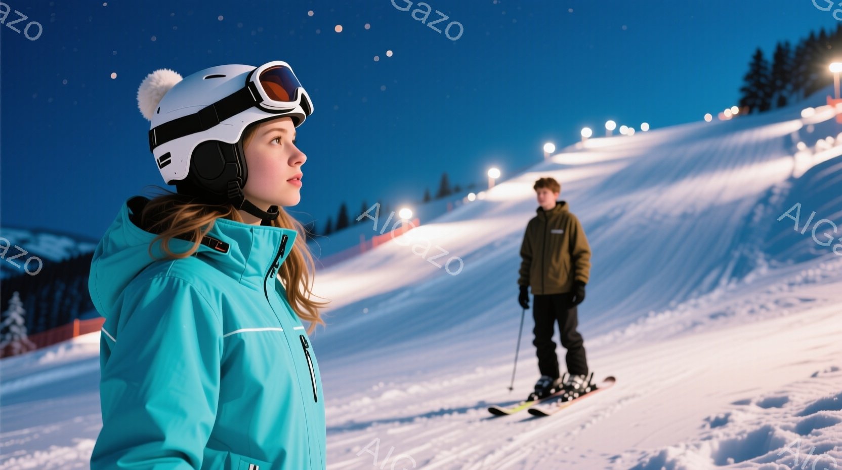 青いスキーウェアと白いヘルメットを着用した少女が、雪山を背景に右を見つめています。彼女の髪は外に出ており、表情は穏やかでどこか遠くを見つめています。背景にはスキーコースと雪に覆われた木々が広がり、夜空 - AI生成フリー素材