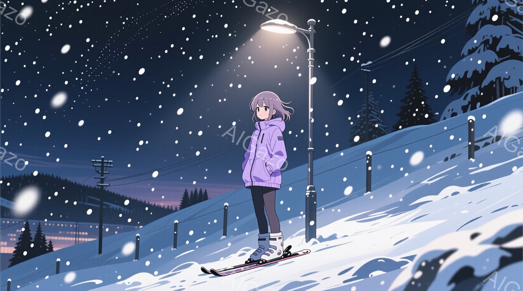 雪が降る夜のスキー場で、紫色のジャケットを着た少女が立っている。彼女は薄いピンク色の髪を持ち、少し微笑んでいるように見える。背景にはスキーリゾートの建物や木々が見え、夜空にはオレンジと紫のグラデーションが広がっている。