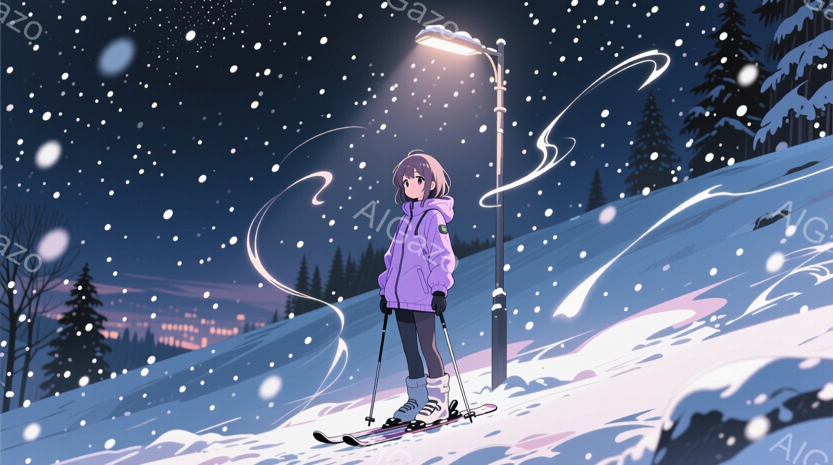 雪山を背景に、紫色のスキーウェアを着た少女が立っている。彼女は茶色の髪をポニーテールにし、少し物憂げな表情で遠くを見つめている。背景には暗い森と、遠くに見える街の明かりが広がり、雪が舞い散る幻想的な夜 - AI生成フリー素材