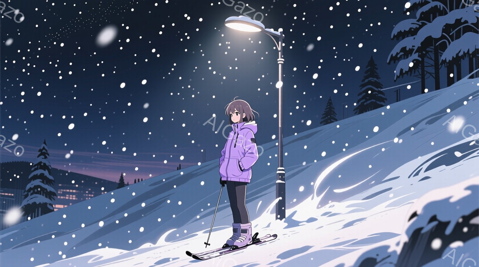雪が降る夜のスキー場で、紫色のスキーウェアを着た少女が立っている。彼女は短い黒髪で、少し物憂げな表情を浮かべ、スキー板を装着したまま街を見下ろしている。背景には、ライトアップされた建物と雪をまとった木 - AI生成フリー素材