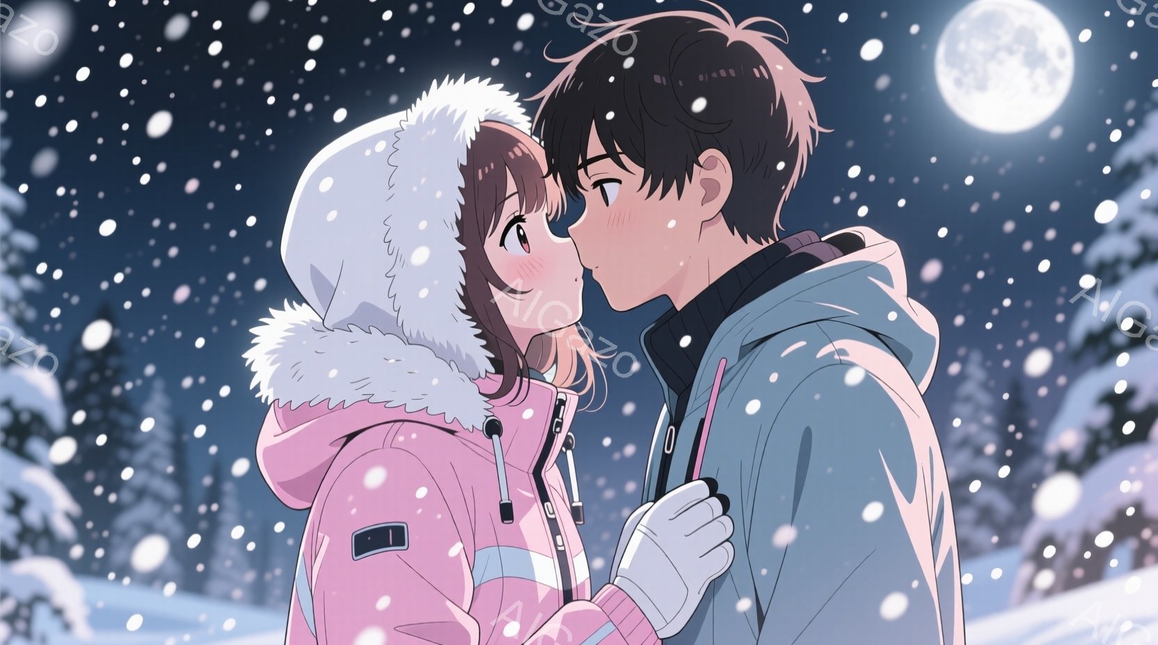 雪の中で寄り添う男女が描かれています。女性はピンクのフード付きジャケットに白い手袋をつけ、頬を赤らめて微笑んでいます。男性は水色のジャケットを着て、女性の顔に近づき、優しげな表情をしています。背景には雪景色が広がり、遠くには木々が見え、満月が輝いています。