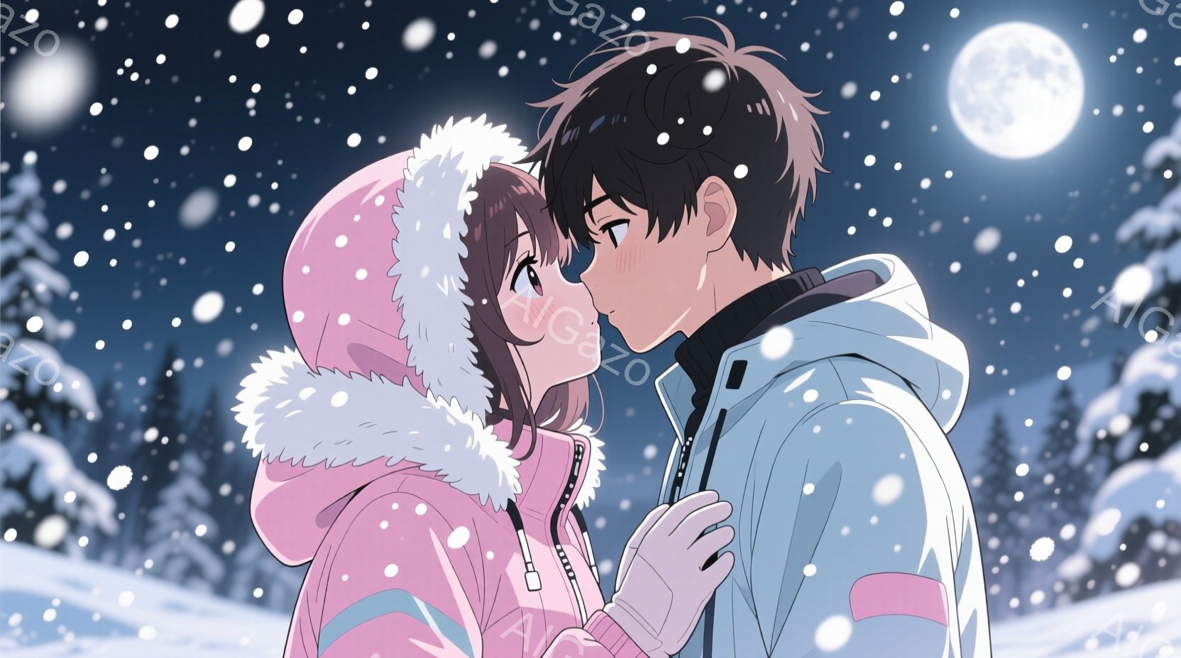 雪が降る夜、若い男女が寄り添っている。女性はピンクのフード付きジャケットを着ており、ふわふわの毛皮の縁取りが特徴的で、長い茶色の髪は風になびいている。男性は白いジャケットを着ており、女性を見つめ、ほほ笑んでいるように見える、温かくロマンチックな雰囲気だ。