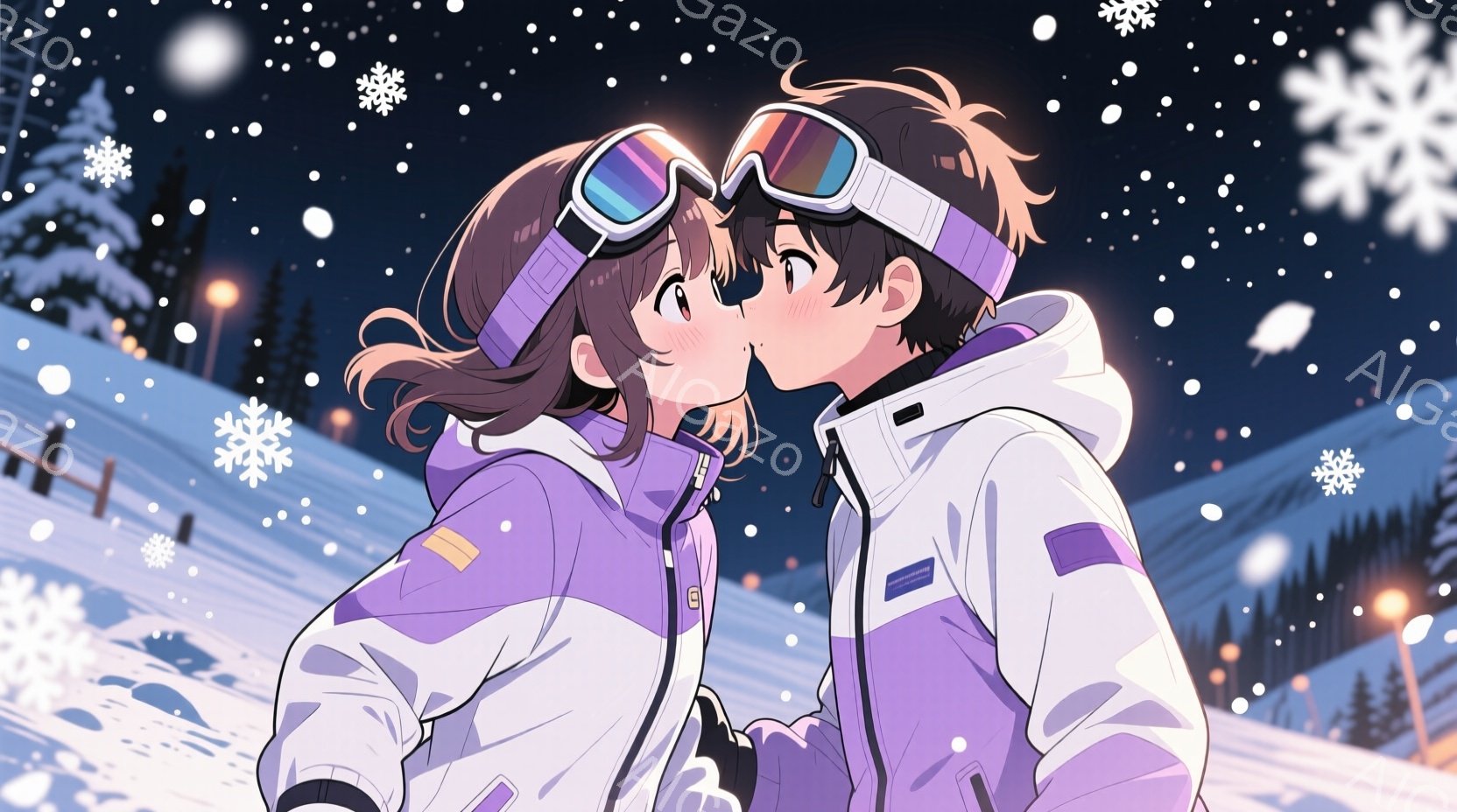 雪が降り積もる夜のスキー場で、若い男女が親吻し合っています。二人はスキーウェアを着用し、女性は茶色のカールした髪を、男性は黒髪をしています。背景には雪に覆われた木々と、遠くに見える光る建物があり、ロマンチックで冬の雰囲気を醸し出しています。