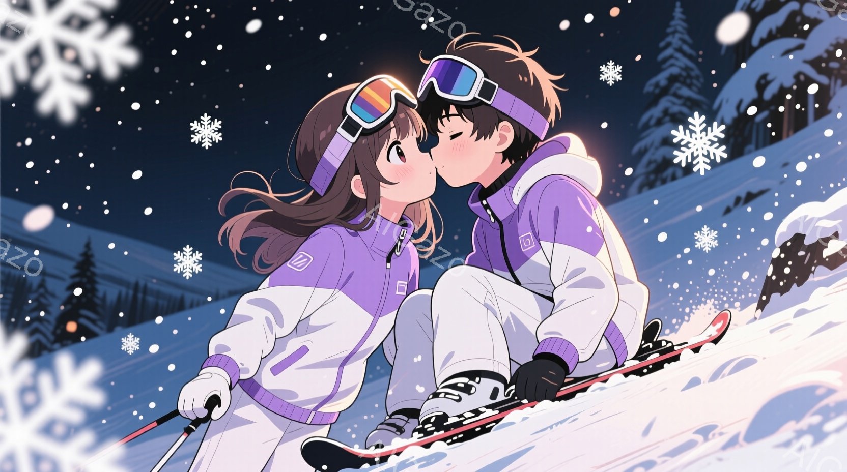 雪山をスキーで滑走する男女が描かれています。女性は茶色のロングヘアで、紫色のスキーウェアとゴーグルを着用し、笑顔を浮かべています。男性は黒髪で、同様のスキーウェアとゴーグルを着用し、少し照れくさそうな - AI生成フリー素材