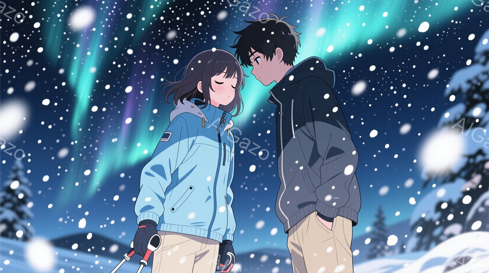 雪が降る夜の風景で、若い男女が並んで立っている。女性は水色のウィンタージャケットに薄いピンク色の髪を短く切っており、少し下を向いて微笑んでいるように見える。男性は黒のジャケットを着ており、女性の方を見ており、背景には雪に覆われた木々とオーロラが広がっている。