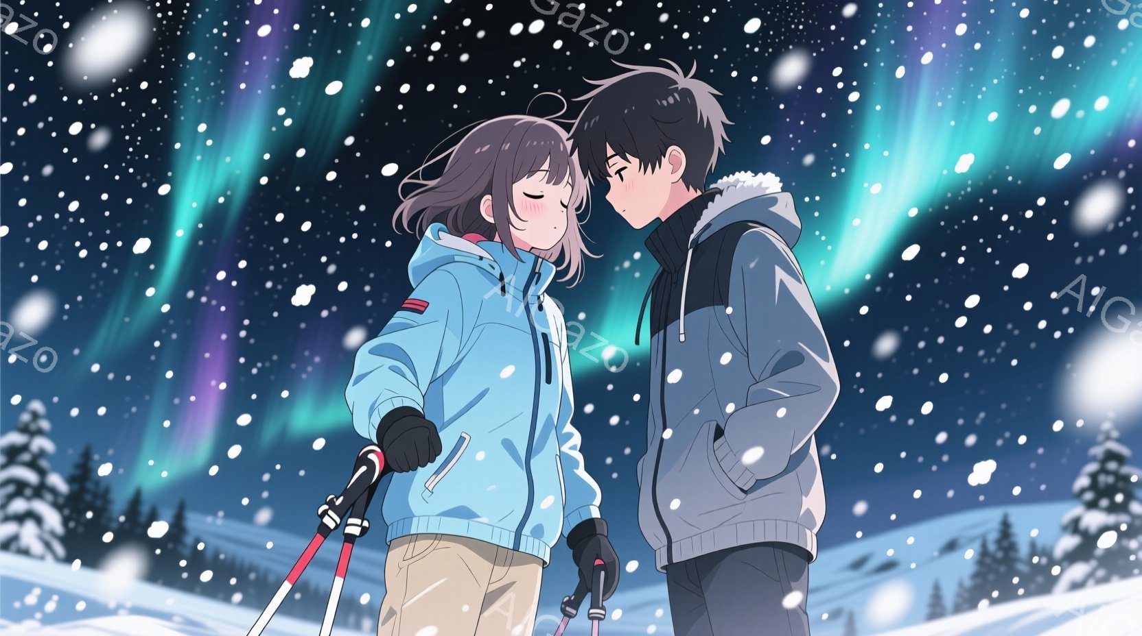 雪景色の中で寄り添う男女が描かれています。女性は明るい色のウィンタージャケットに黒い手袋を着用し、茶色の長い髪をサイドに流しています。男性は黒いフード付きのウィンタージャケットに黒い手袋を着用し、少し - AI生成フリー素材