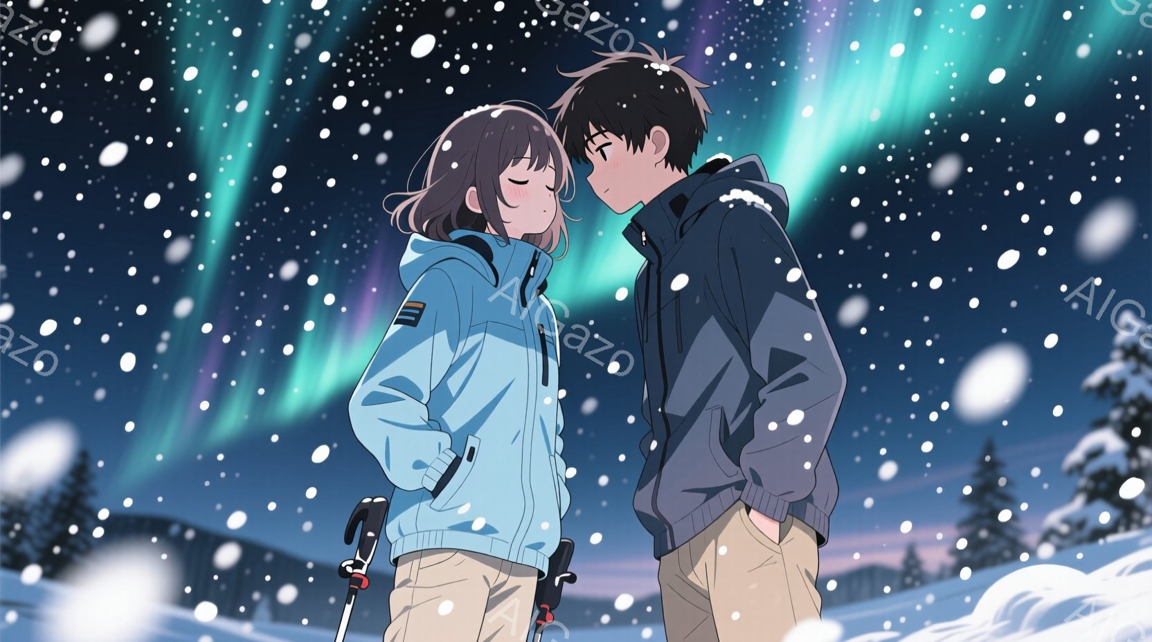 雪が降る夜の風景の中に、若い男女が寄り添って立っています。女性は明るい水色のウィンタージャケットに黒い髪を肩まで伸ばし、男性は黒のジャケットに茶色のズボンを履いています。背景には、オーロラが輝き、雪原と暗い森が広がっており、ロマンチックで幻想的な雰囲気を醸し出しています。