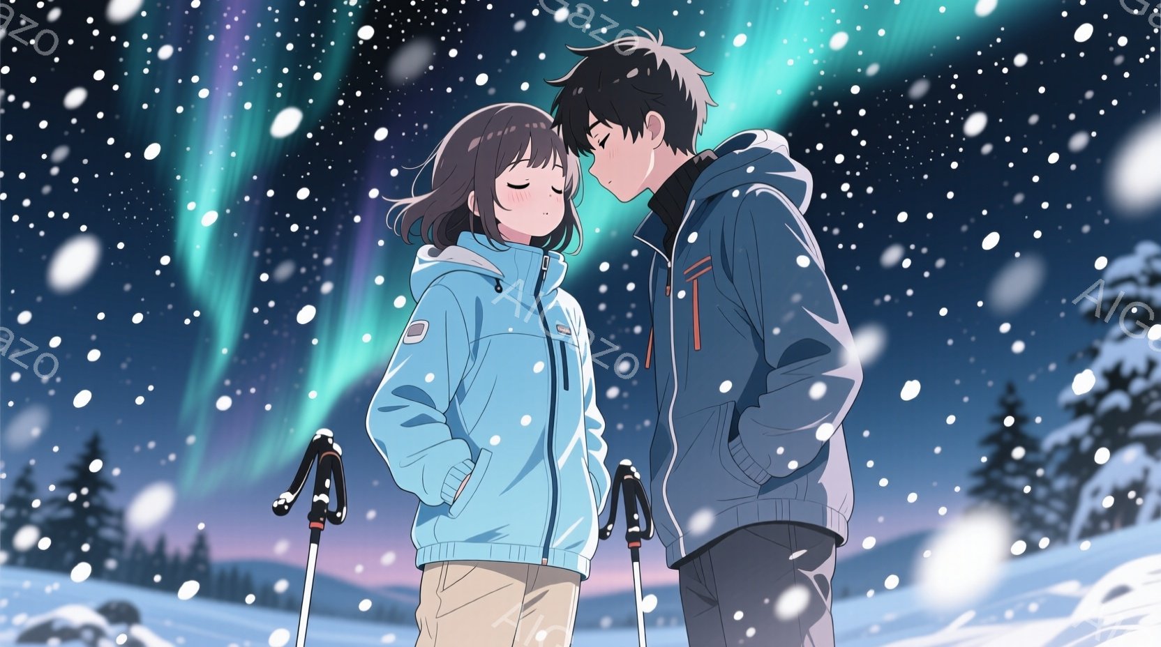 雪が降る夜、若い男女が寄り添って立っている。女性は水色のジャケットにベージュ色のズボン、男性は黒のジャケットに黒いズボンを着用し、どちらもトレッキングポールを持っている。背景には雪景色が広がり、オーロラが夜空を彩る幻想的な雰囲気である。