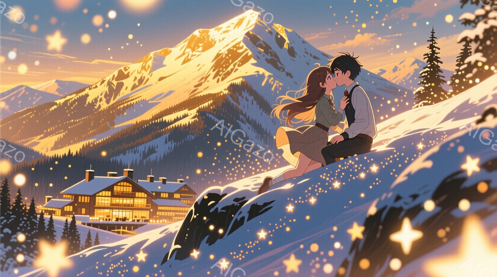 雪山を背景に、若い男女が寄り添って座っているイラストです。女性は長い茶色の髪を後ろで一つにまとめ、ベージュ色のコートとスカートを着用し、微笑んでいます。男性は黒髪で、濃い青色のコートを着て、女性に優し - AI生成フリー素材