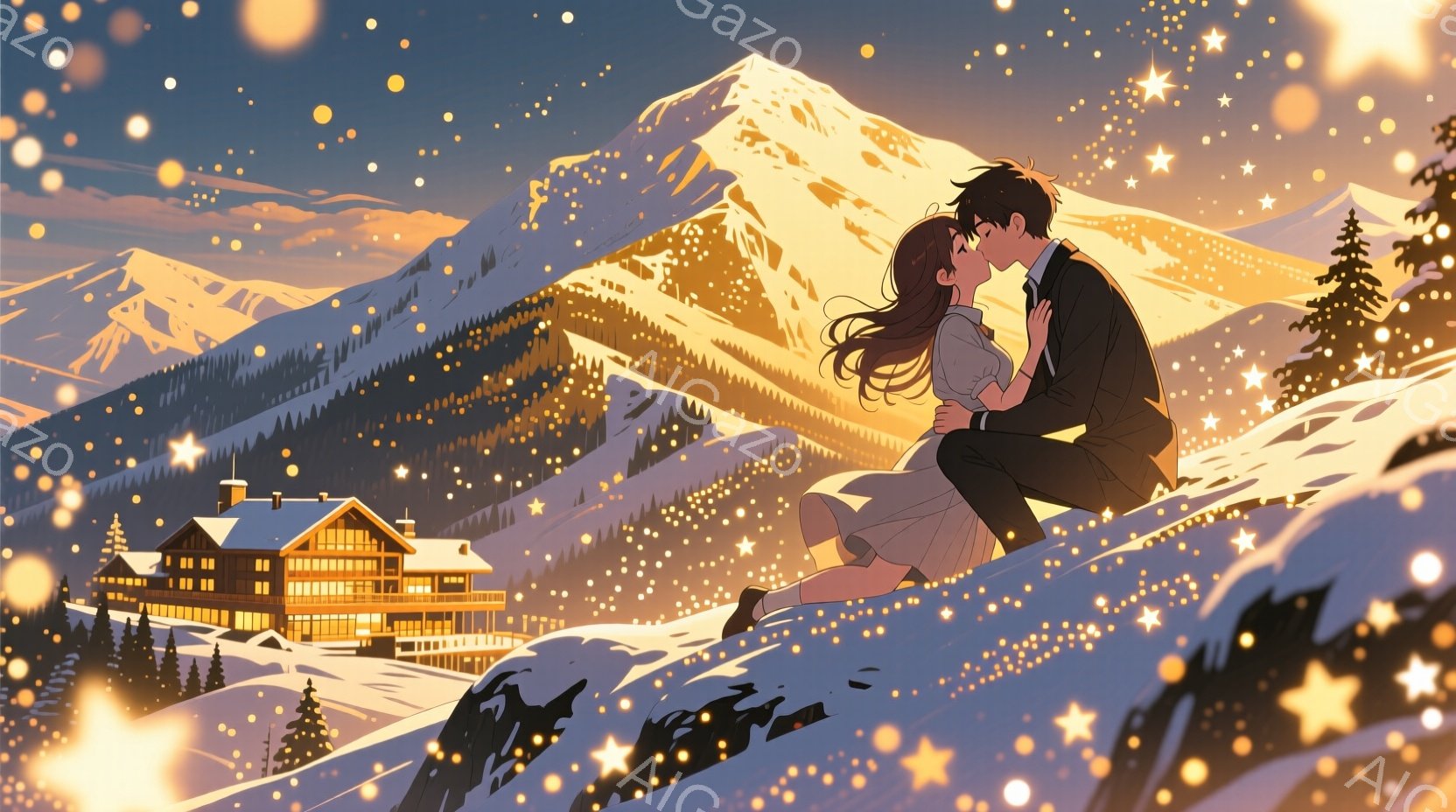 雪山を背景に、若い男女が寄り添い、キスをしようとしている姿が描かれています。女性は長い黒髪で、白いワンピースを着ており、男性は黒いコートを着ています。背景には可愛らしい山小屋や針葉樹林、そして降り積もる雪が広がり、キラキラと輝く星が舞い散る幻想的な冬の景色が広がっています。