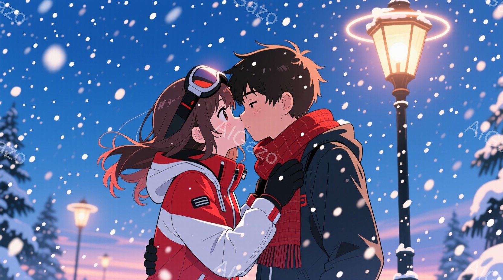 雪が降る夜に寄り添う若い男女が描かれています。女性はオレンジ色の髪をポニーテールにし、スキーゴーグルを頭に乗せ、赤いスキーウェアを着ています。男性は黒髪で、黒いコートと赤いマフラーを巻いており、女性を - AI生成フリー素材