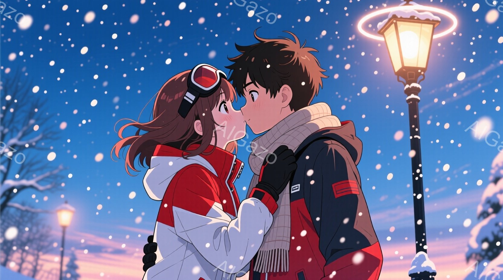 雪が降る夜、若い男女が寄り添い、キスをしようとしている場面です。女性は赤と白のスキーウェアにゴーグルを頭に乗せ、頬を赤らめています。男性は黒いコートにマフラーを巻き、少し照れた表情で女性を見つめており、背景には雪景色と街灯がぼんやりと見えます。