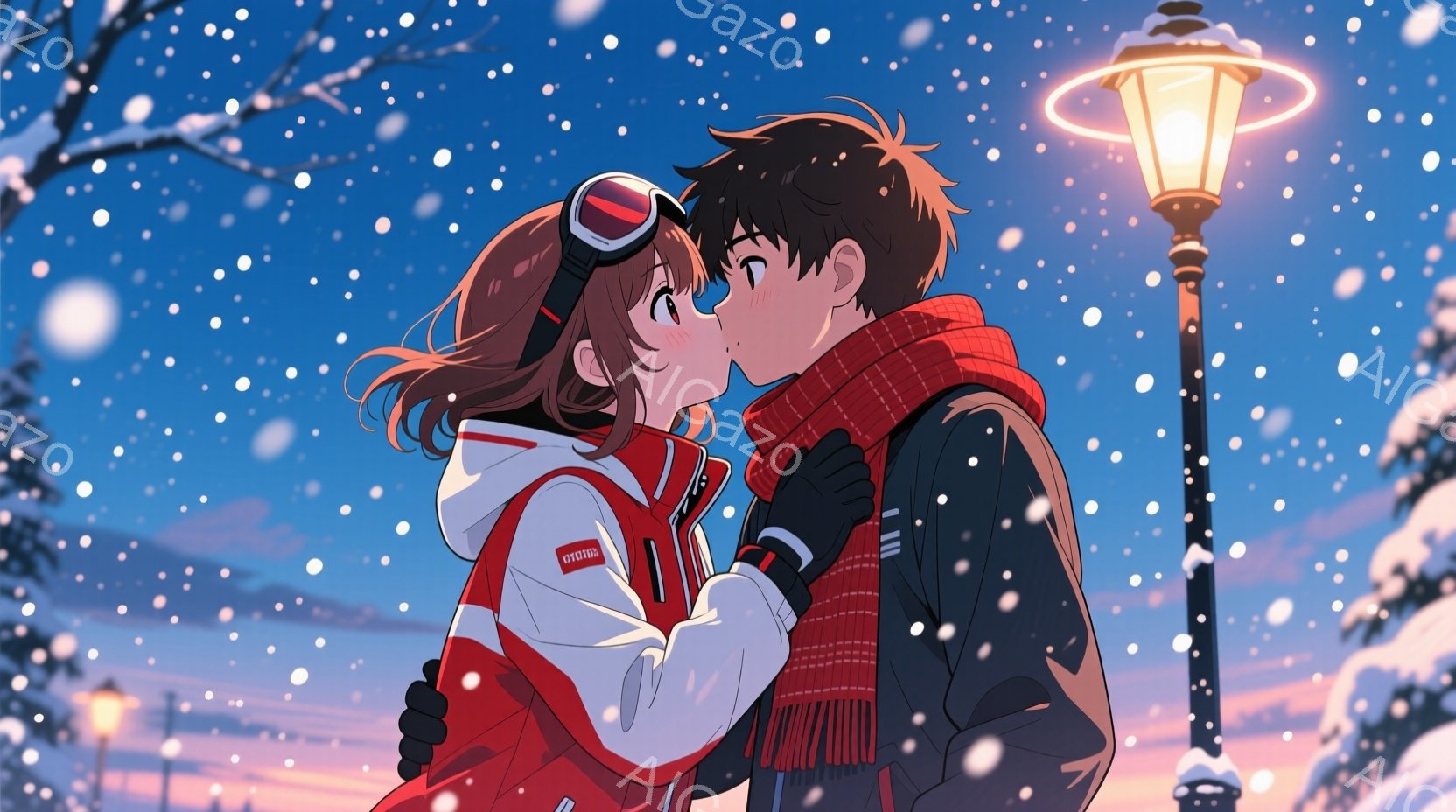 赤毛の女性と黒髪の男性が雪の中でキスをしている。女性はゴーグルと白いジャケット、赤いストライプの入った服を着ており、男性は黒いコートと赤いマフラーを巻いている。背景には雪が降り積もり、街灯が灯り、冬の - AI生成フリー素材