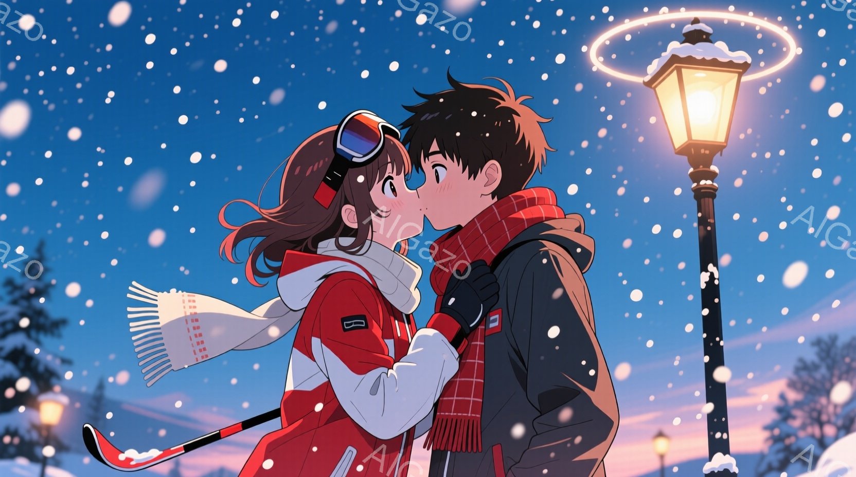 雪が降る夜、若い男女がキスをしています。女性は赤いスキーウェアに白いマフラー、髪は赤茶色で少しカールしています。男性は黒いコートに赤いマフラーを巻き、二人は寄り添い、顔を寄せ合って微笑んでいます。背景 - AI生成フリー素材