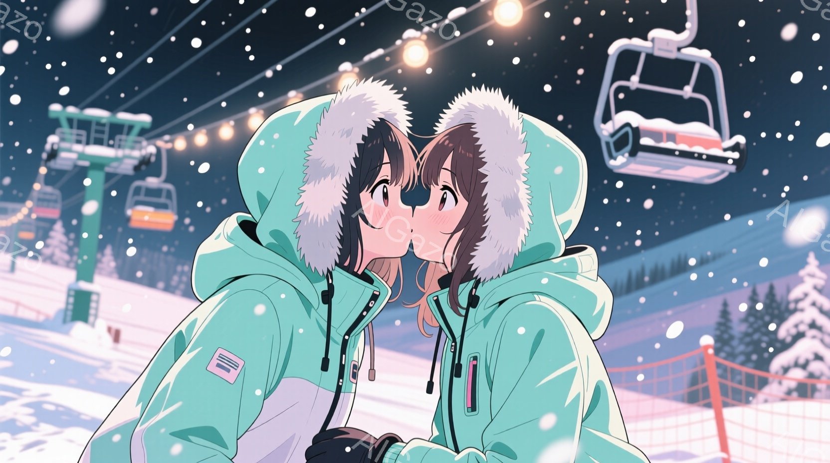 二人の女性が雪景色の中でキスをしています。彼女たちは白い毛皮の縁取りが付いたミントグリーンのウィンタージャケットを着用し、顔は幸せそうに赤らんでいます。背景にはスキーリフト、雪に覆われた木々、そして降 - AI生成フリー素材