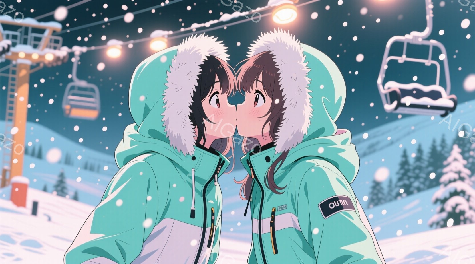 雪山を背景に、緑色のスキーウェアを着た二人の若い女性が寄り添って微笑み合っている様子が描かれています。彼女たちは頭を近づけ、頬を寄せ合い、幸せな表情を浮かべており、髪型はそれぞれ暗い色の巻き毛です。背 - AI生成フリー素材