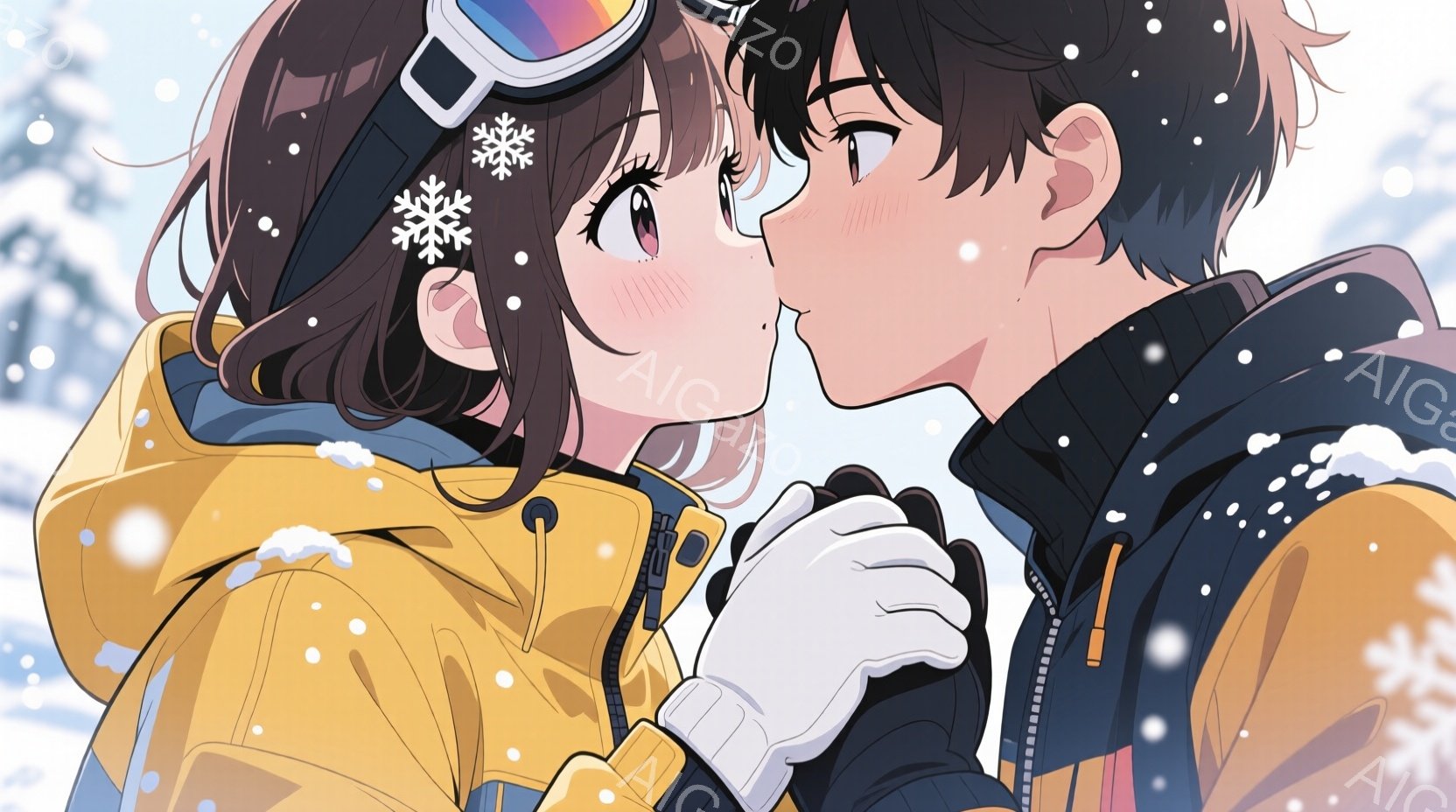 雪が舞う中で、若い男女が互いに顔を寄せ合い、キスしようとしている場面が描かれています。女性は茶色の髪をサイドに流し、黄色いスキーウェアに身を包み、頬を赤らめています。男性は黒髪で、同様のスキーウェアを - AI生成フリー素材