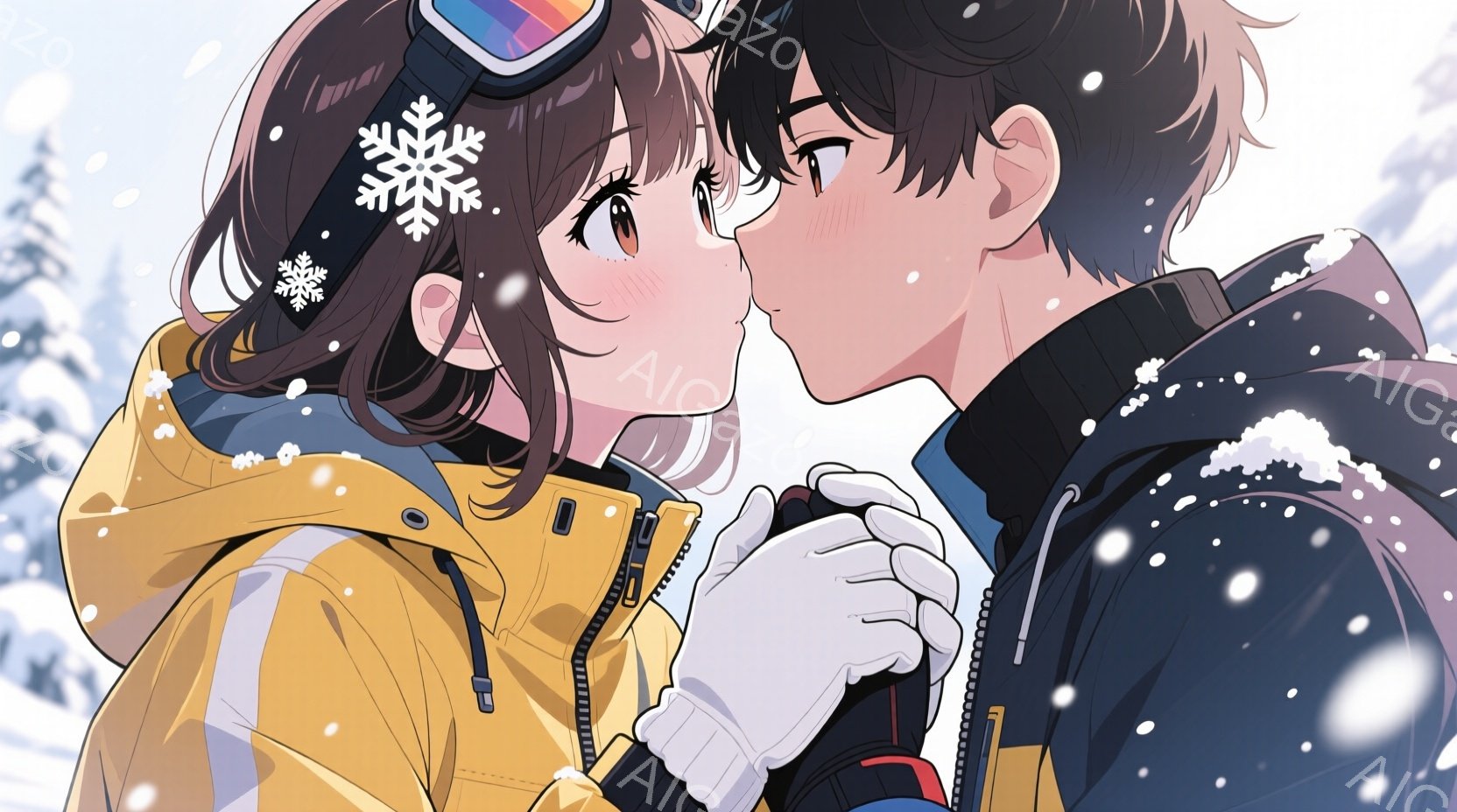 雪景色の中で寄り添う若い男女が描かれています。女性は黄色いスキーウェアに茶色の髪を降ろし、頬を赤らめています。男性は黒いスキーウェアを着ており、女性の手を優しく握っています。 - AI生成フリー素材