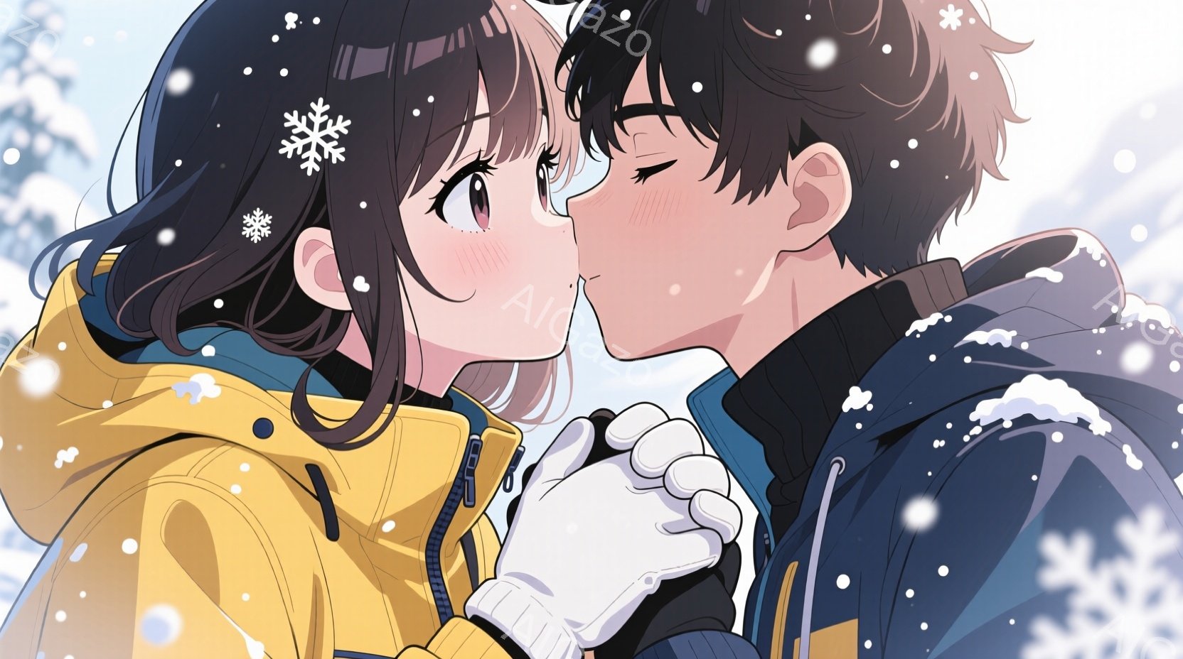 少女は黄色いパーカーに身を包み、茶色のゆるふわヘアで、頬を赤らめています。少年は紺色のジャケットを着ており、目を閉じて少女にキスをしようとしています。背景には雪が舞い降りており、冬のロマンチックな雰囲 - AI生成フリー素材