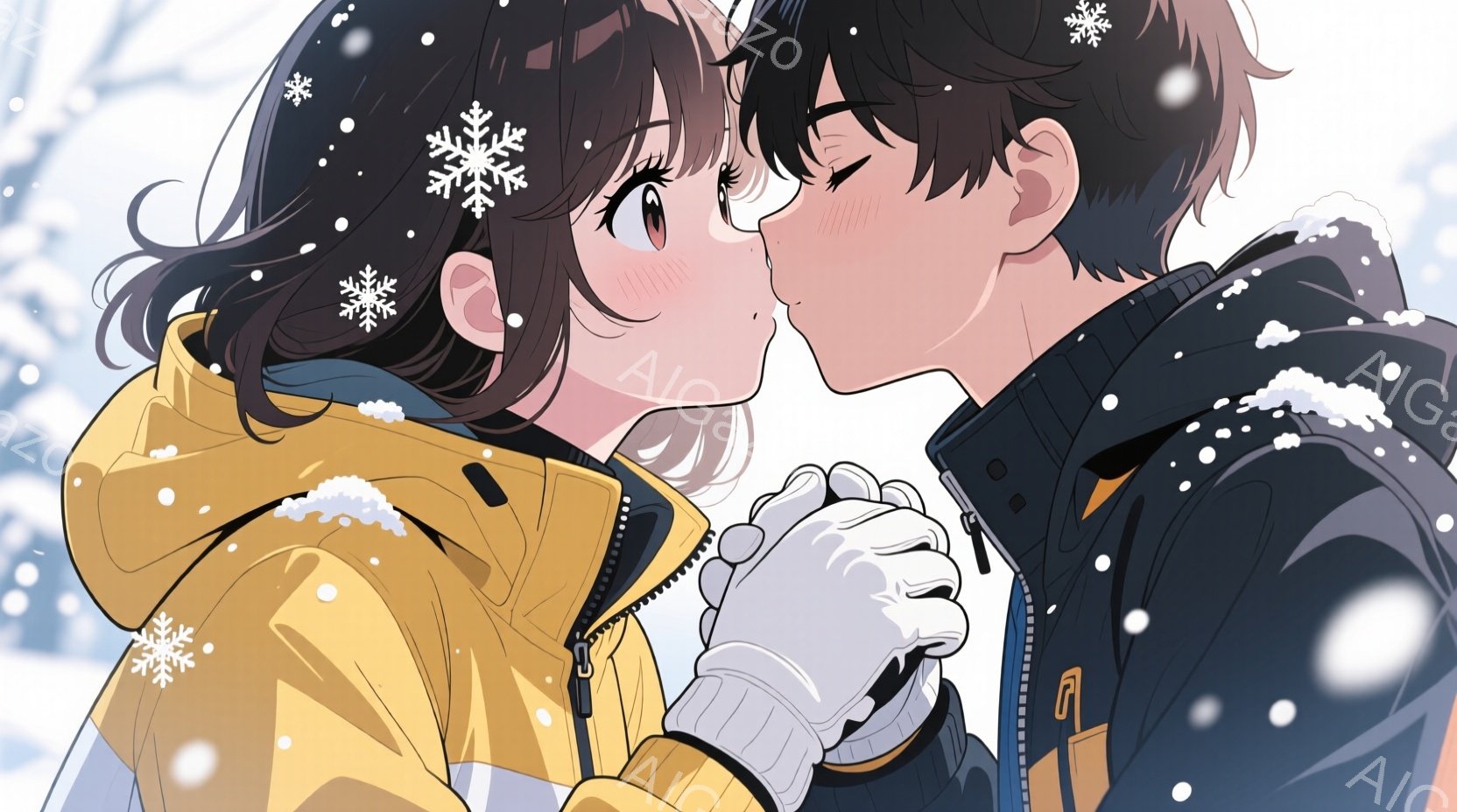 雪が降る中で親密に接する若い男女を描いています。女性は黄色のウィンタージャケットを着ており、茶色のゆるふわの髪をしています。男性は黒のウィンタージャケットを着ており、少し目を閉じ、女性に近づき、お互い - AI生成フリー素材