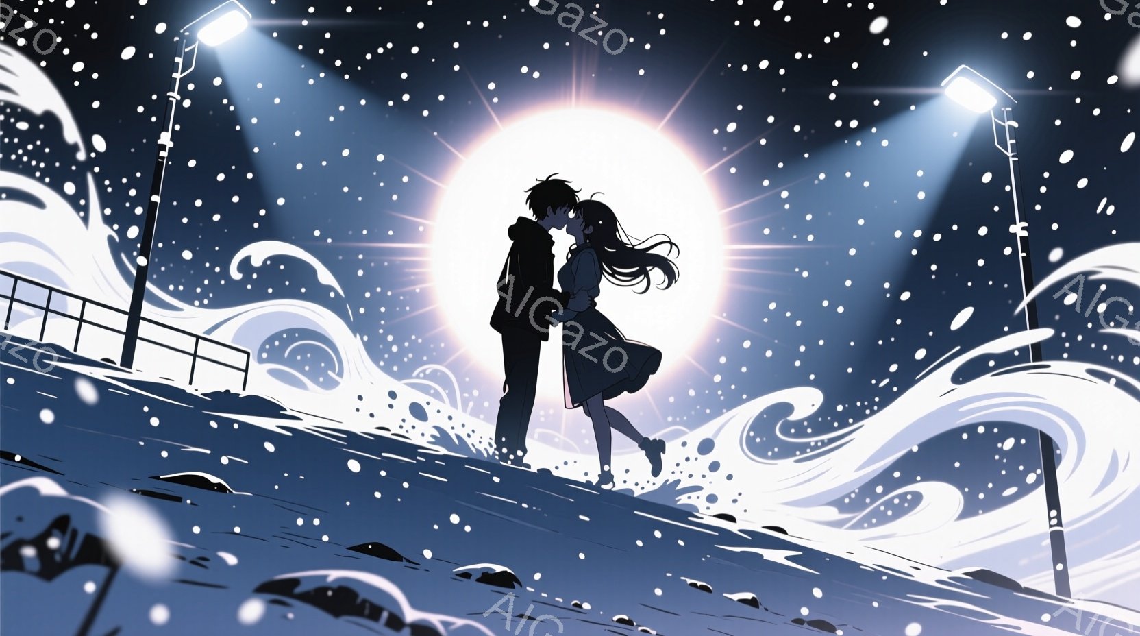 雪が降る夜の坂道で、一対の男女が寄り添っている。黒髪の男性はカジュアルな服装で、長い髪の女性は淡い色のワンピースを着ており、二人は互いに顔を寄せ合っているように見える。背景にはぼやけた街並みと、強い光を放つ月が描かれ、ロマンチックで幻想的な雰囲気を醸し出している。