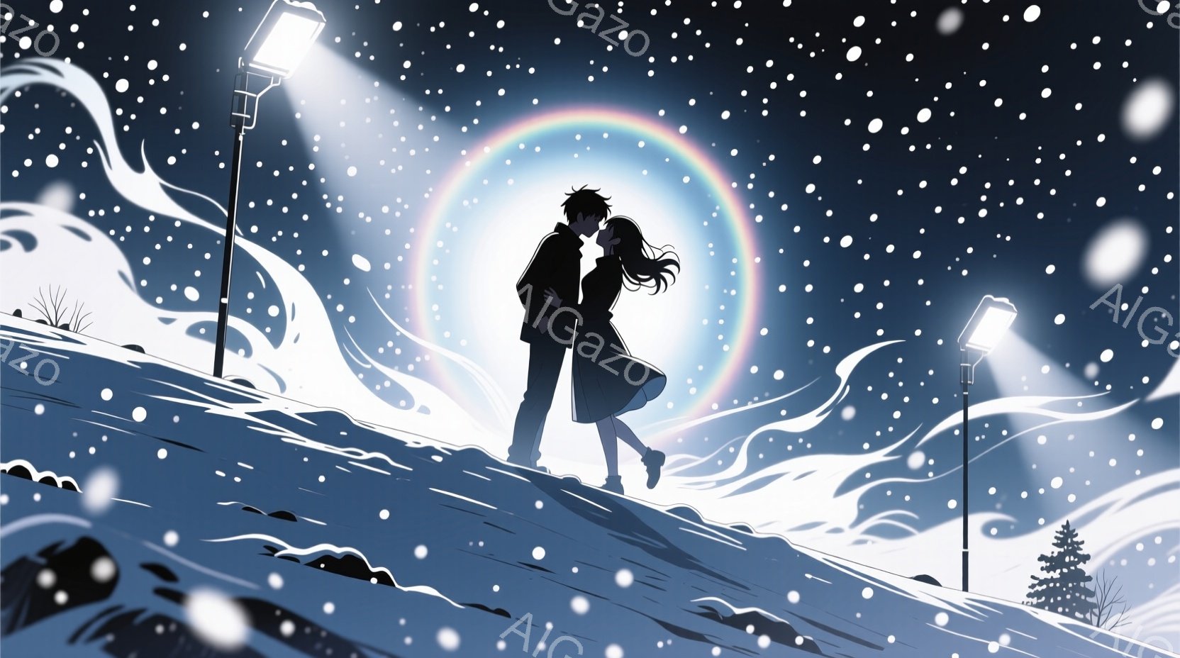 雪が降り積もる丘の上に、若い男女が寄り添って立っている。男性は黒髪で、カジュアルな服装をしており、女性は長い黒髪をなびかせ、膝丈の暗い色のワンピースを着ている。背後には、光を放つ街灯と遠くの木々が見え、夜空には虹色の光の輪が輝き、幻想的でロマンチックな雰囲気を醸し出している。
