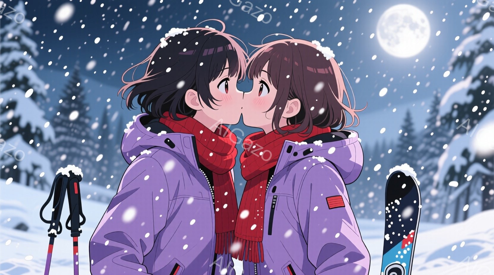 雪景色の中で、二人の若い女性が親吻を交わしています。紫色のスキーウェアに赤いマフラーを巻き、黒髪のショートヘアで、頬を赤らめて幸せそうに微笑んでいます。背景には雪に覆われた木々と、遠くに見える山のシルエット、そして明るい満月が浮かび、ロマンチックで温かい雰囲気を醸し出しています。