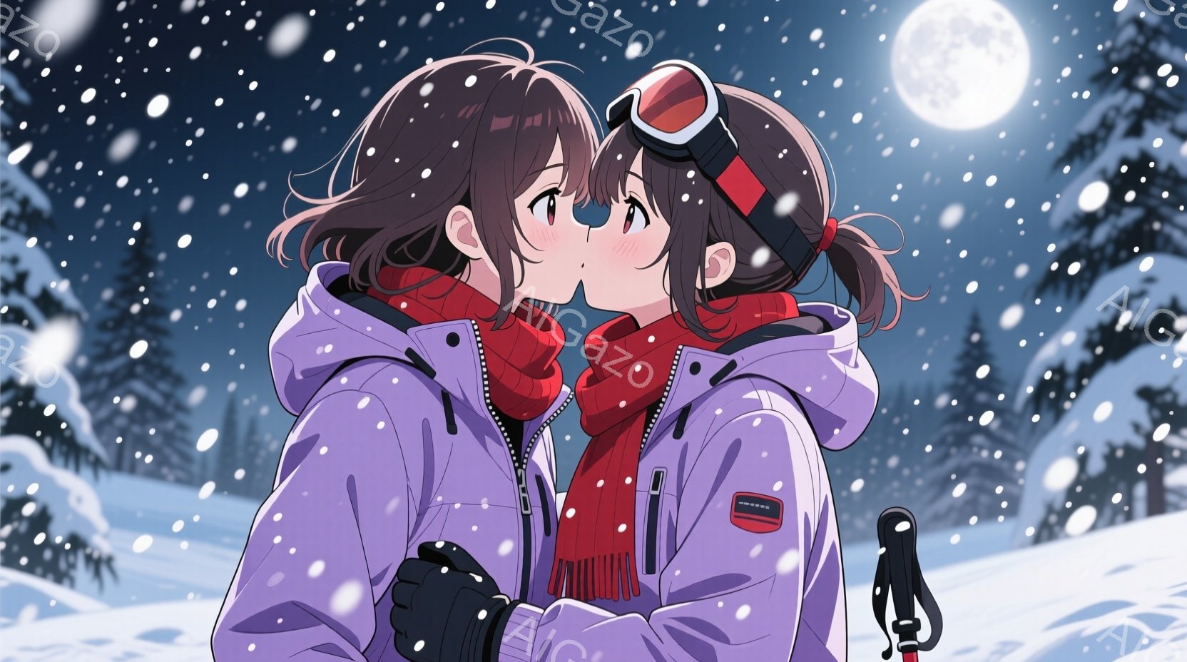 雪景色の中で顔を寄せ合う二人の女性が描かれています。二人はスキーウェアを着用し、赤いネックウォーマーを巻いており、片方はゴーグルをしています。背景には雪に覆われた木々と、明るい月の光が差し込み、ロマンチックで穏やかな雰囲気を醸し出しています。