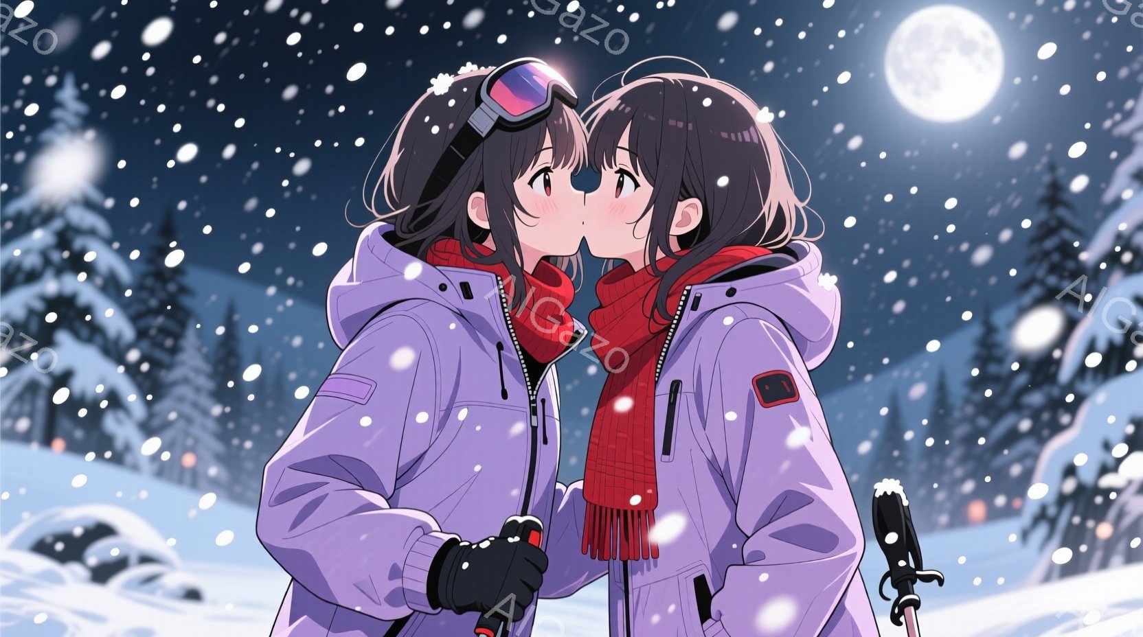 雪が降る夜のスキー場で、二人の若い女性が親しげに寄り添い、頬を寄せ合っています。二人はどちらも白いスキーウェアに赤いネックウォーマーを着用し、黒い手袋とゴーグルをつけています。背景には雪に覆われた木々 - AI生成フリー素材