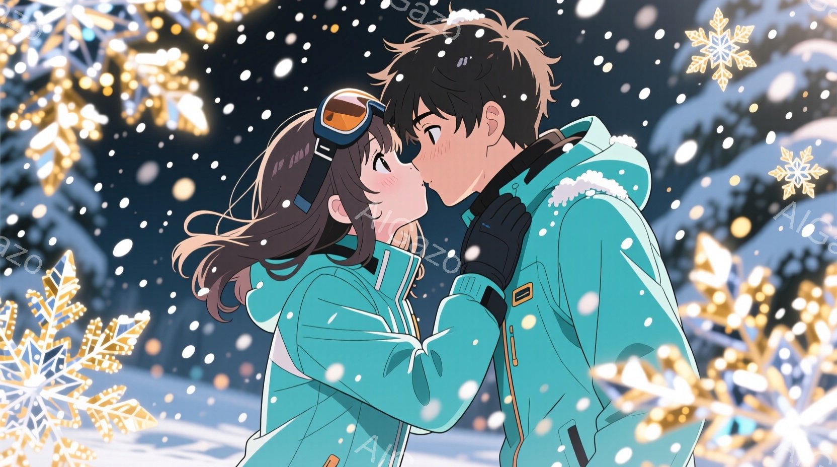 雪が降る中で、スキーウェアを着た若い男女がキスをしている様子を描いています。女性は茶色の髪をサイドに流し、男性は黒髪で、どちらも顔を赤らめて幸せそうな表情をしています。背景には、雪景色と金色の雪の結晶 - AI生成フリー素材