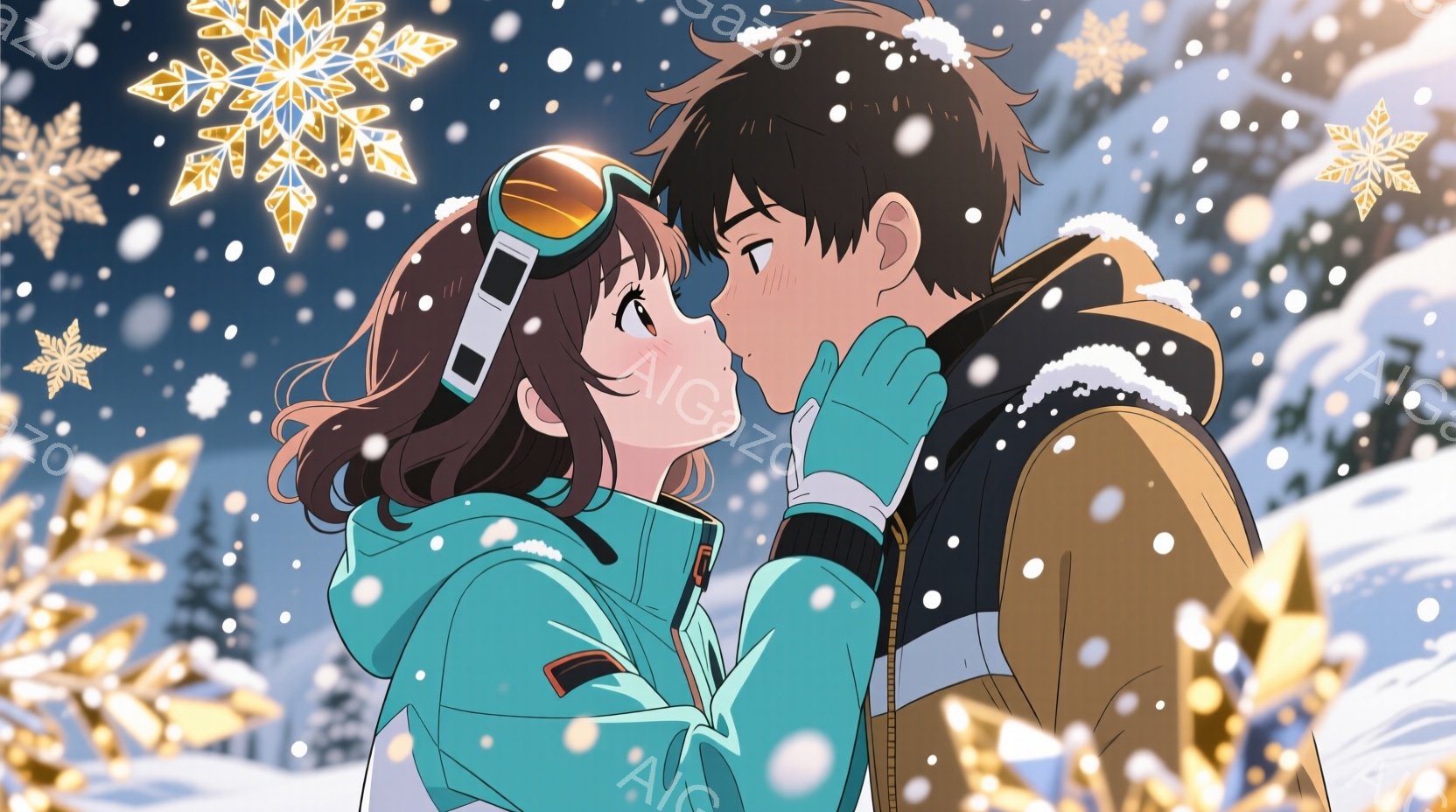 雪が舞うスキー場で、若い男女がキスをしています。女性はターコイズブルーのスキーウェアに、茶色のカールヘアと青いゴーグルをしています。男性はオレンジ色のジャケットを着ており、女性を見つめてキスをしていま - AI生成フリー素材