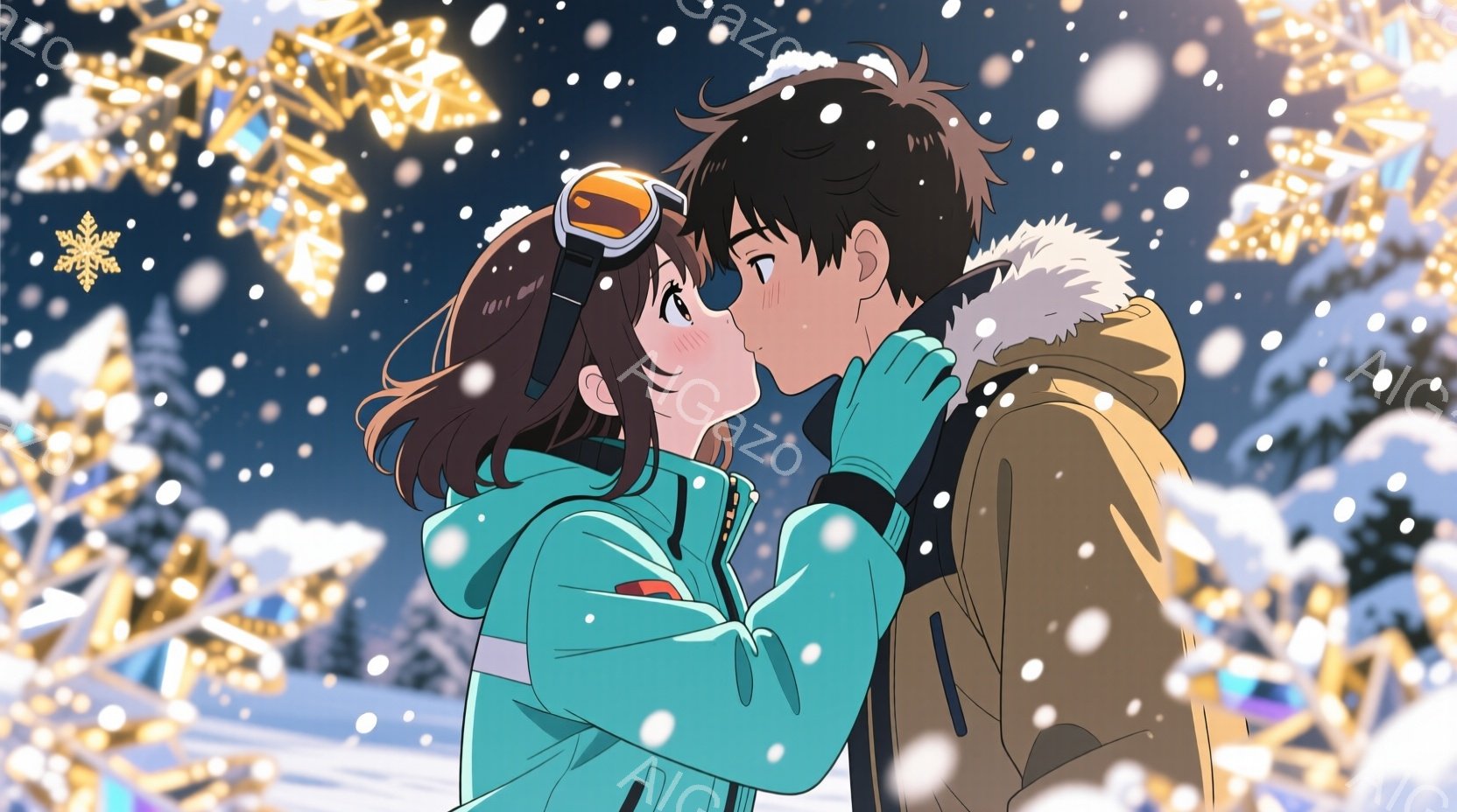 雪が降る中で、若い男女がキスをしようとしている場面です。女性はターコイズブルーのスキーウェアに、茶色の短い髪で、顔を赤らめています。男性は黒いスキーウェアとオレンジ色のジャケットを着用し、片手を女性の頬に当てています。