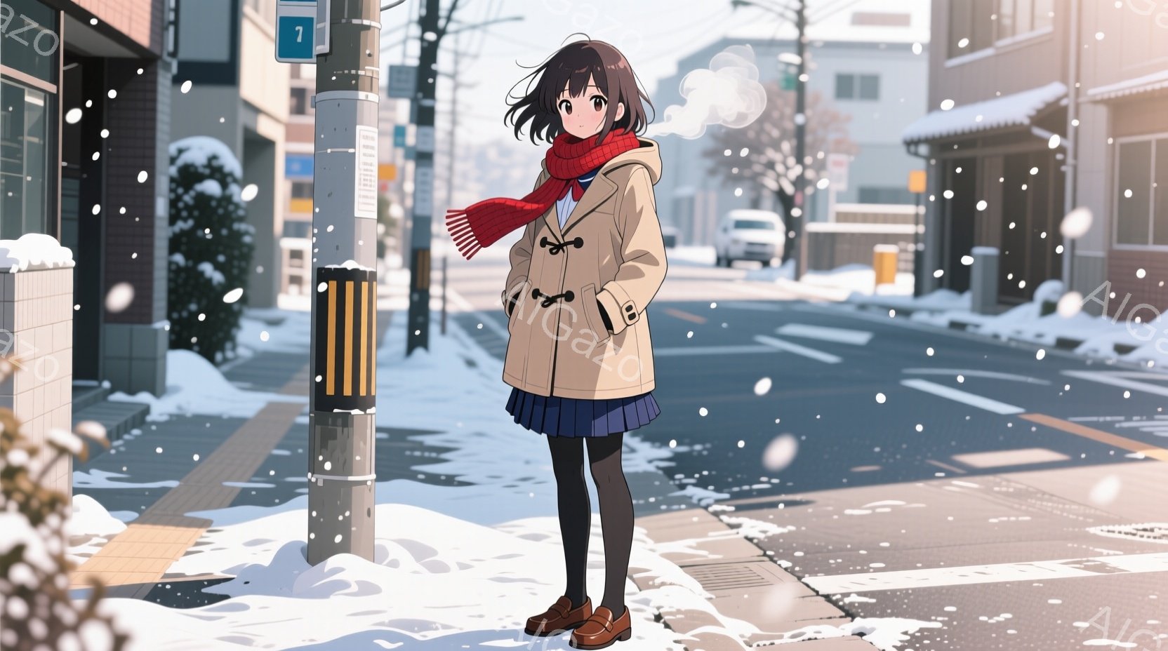 雪が降る住宅街に立つ若い女性が描かれています。彼女はクリーム色のコート、紺色のスカート、赤いマフラーを身につけ、茶色の靴を履いています。背景には家々が並び、道路には雪が積もり、冬の静かで穏やかな雰囲気を醸し出しています。