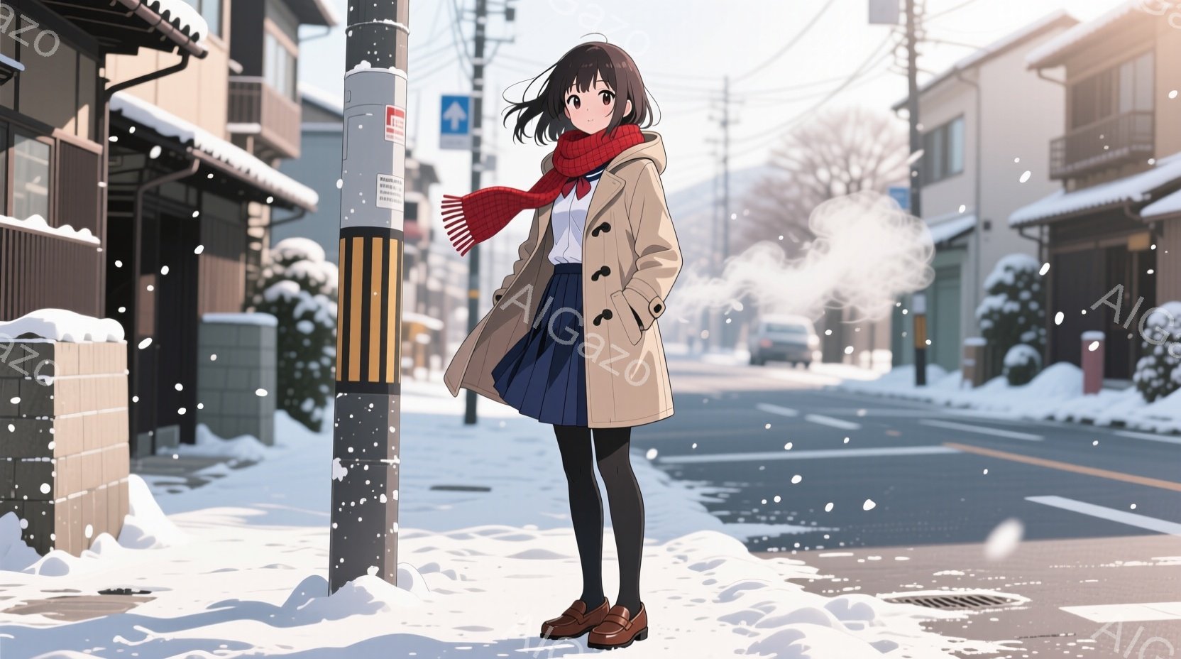 雪が降る街並みを、短いスカートと茶色のコートを着た少女が立っている。彼女は赤いマフラーを首に巻き、茶色のブーツを履いている。背景には雪に覆われた家々が並び、遠くには車が見える冬の穏やかな雰囲気が漂って - AI生成フリー素材